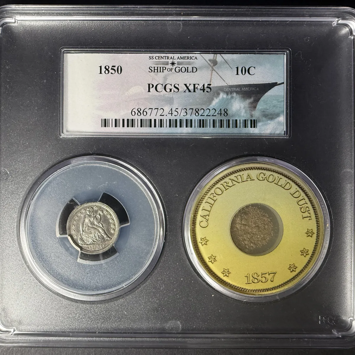 PCGS XF45 1850 Seated Liberty dime recovered from the SS Central America shipwreck, slabbed alongside a pinch of California gold dust